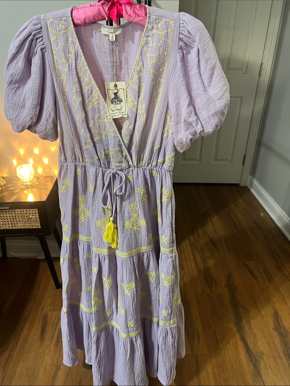 Easel Lilac Embroidered Cotton Kids Dress with Yellow Accents